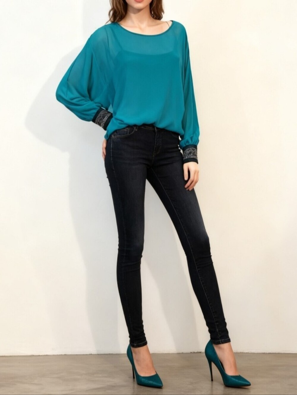 Gorgeous double layered sheer top with beaded cuff